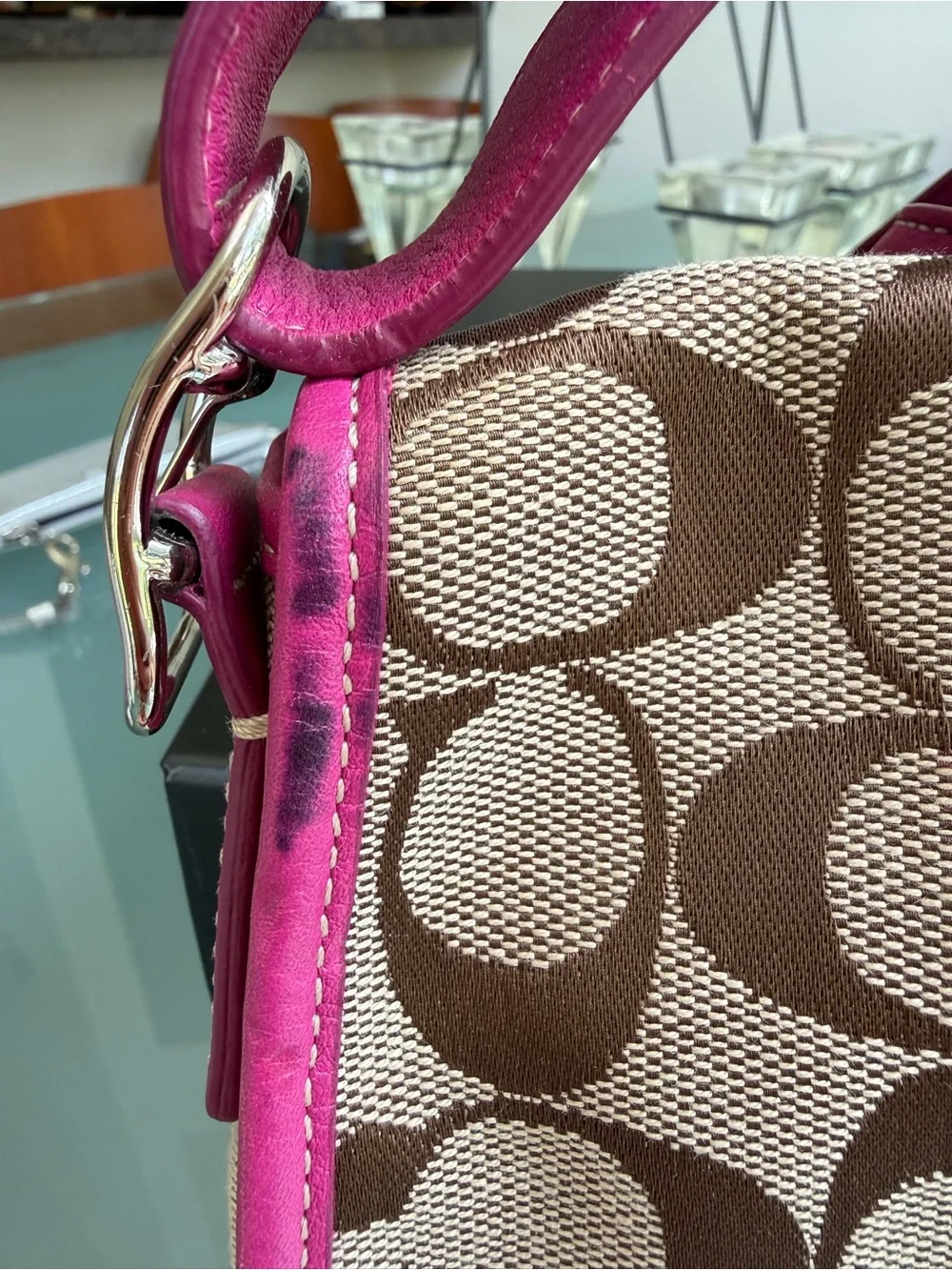 Coach Brown Signature Shoulder Bag with Pink Trim